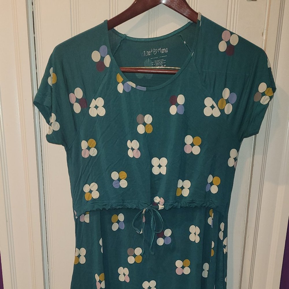 Latched Mama Drawstring T-Shirt Dress	Teal Geometric Circles